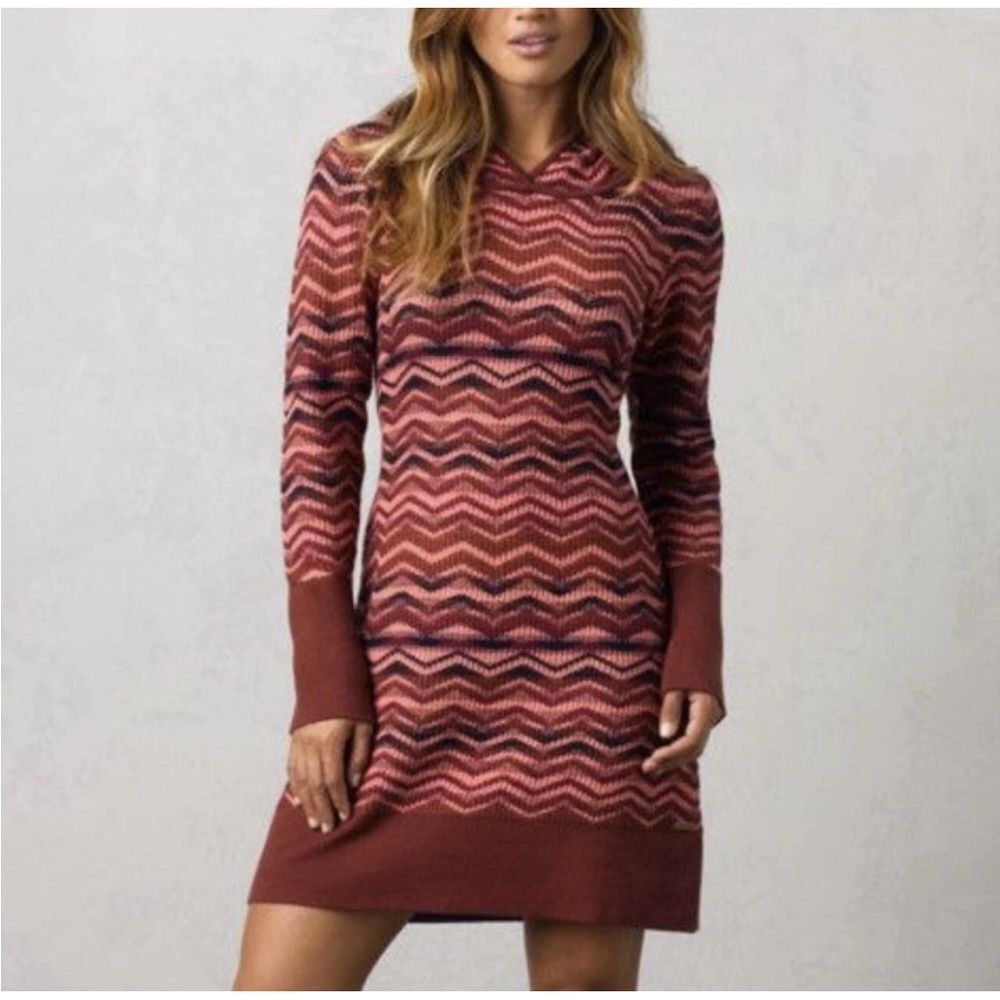 Prana Chevron Knit Hooded Dress — Rust and Pink size small